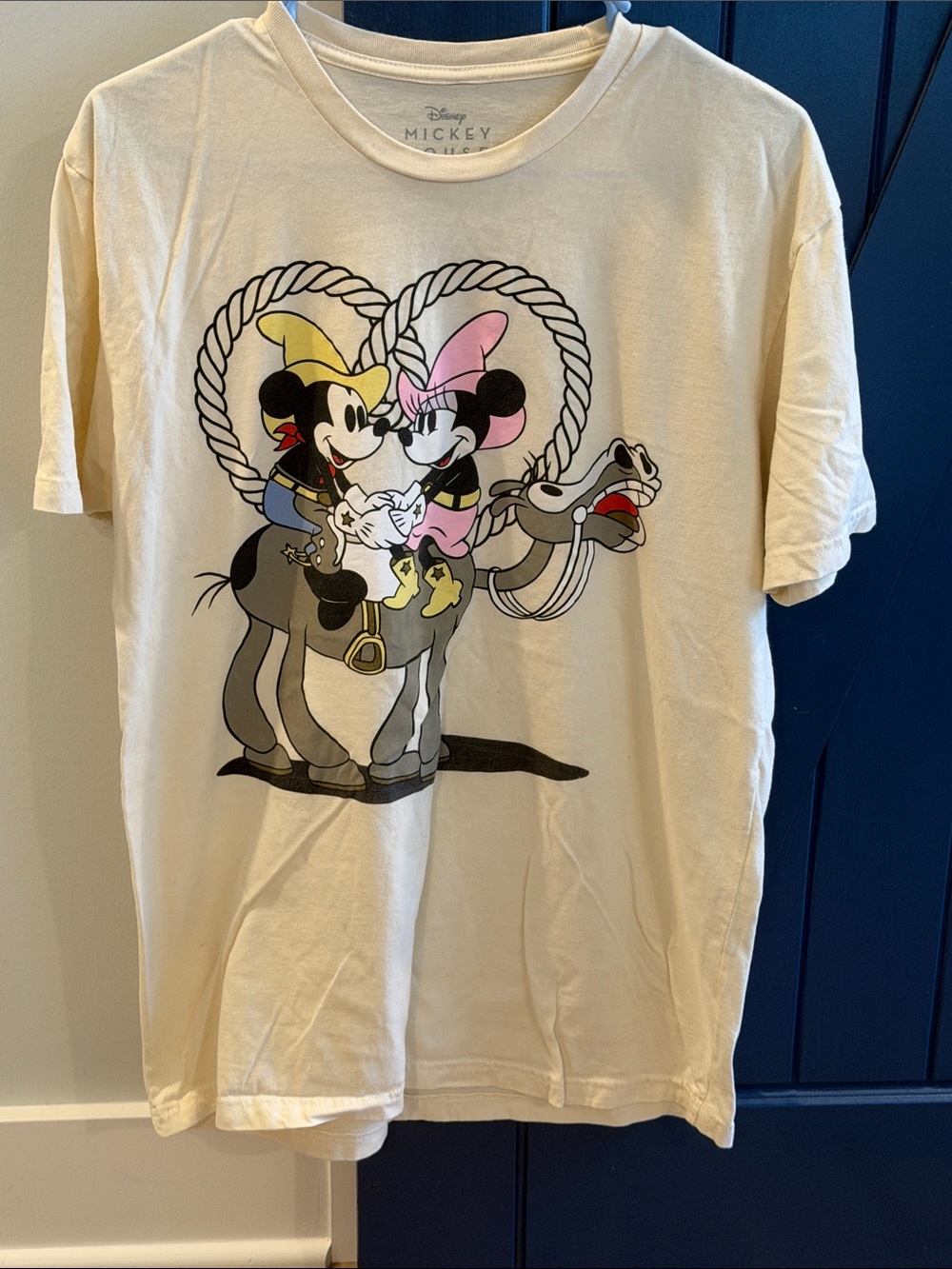 Disney Cream Mickey & Minnie Western Cartoon Tee with Pink and Yellow Accents